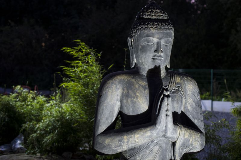 Spa Zen'ing Gondecourt — jardin zen avec statue de Bouddha et bambous